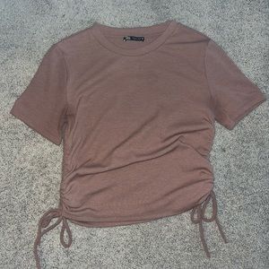 Zara large basic brown / tan / taupe T-shirt with adjustable ties on the side